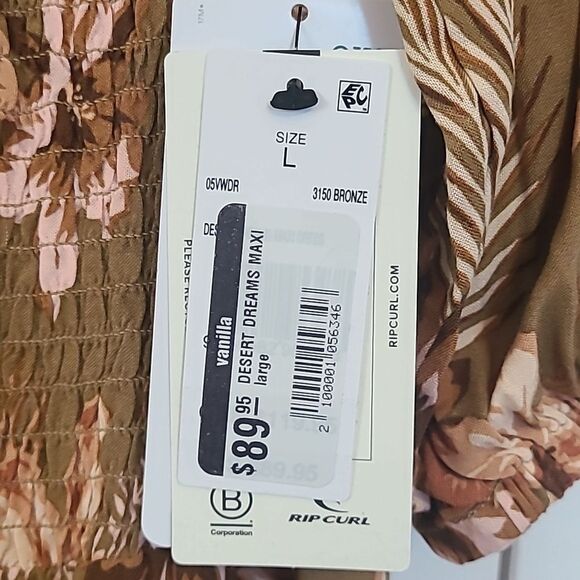 Rip Curl Floral Print Desert Dreams Smocked Poplin Maxi Dress Moss Bronze Size L - Picture 8 of 16